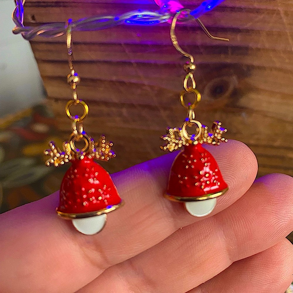 Festive Red White Gold Bell Earrings Christmas